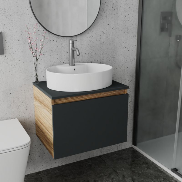 Комплект для ванной, 3 предмета (Тумба подвесная Bau Blackwood 60 графит + Раковина BAU 51х41, с отв. под см-ль, Смеситель Dream, нерж. сталь)