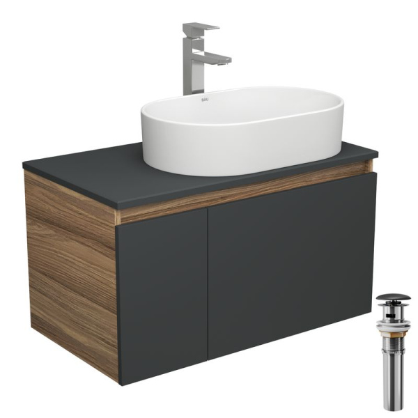 Комплект для ванной, 4 предмета (тумба Bau 80, графит + раковина BAU Nimb 56х36 + смеситель Hotel Still, выпуск клик-клак, черный)