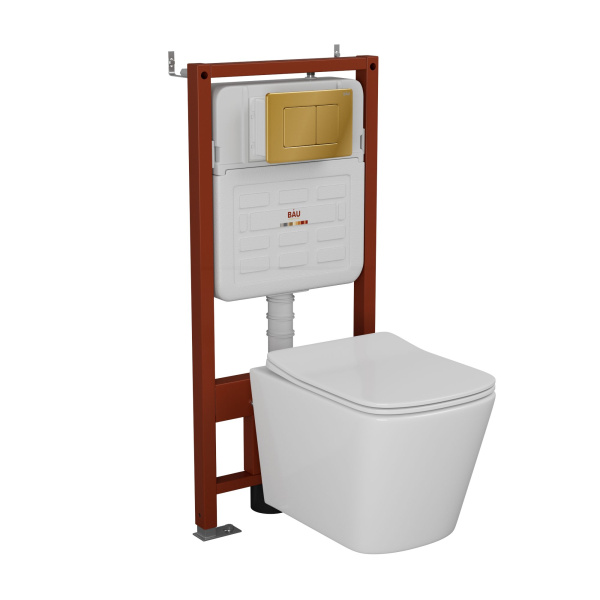 Комплект BAU 6 в 1: усиленная инсталляция BAU IDEAL, унитаз подвесной безободковый Bau Stil 49х35, сиденье дюропласт микролифт, клавиша BAU Light антивандальная, нерж. сталь золото