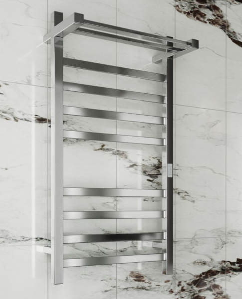 Полотенцесушитель электрический профильный с полкой BAU Hotel Shelf 50х100, 8 планок, универсальный, нерж. сталь полированная