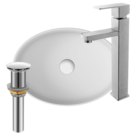 Раковина со смесителем и выпуском (Умывальник на столешницу BAU Nimb овальный 50х36, белый, смеситель для раковины высокий Hotel Still, выпуск клик клак, белый)