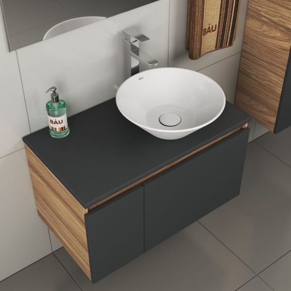 Комплект для ванной, 4 предмета (тумба Bau 80, графит + раковина BAU Dream D43 + смеситель Hotel Still, выпуск клик-клак, белый)