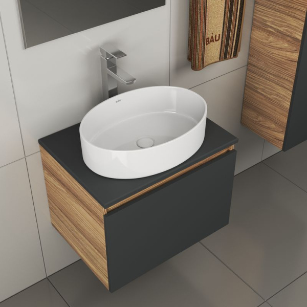 Комплект для ванной, 4 предмета (тумба Bau 60, графит + раковина BAU Nimb 50х36 + смеситель Hotel Still, выпуск клик-клак, белый)