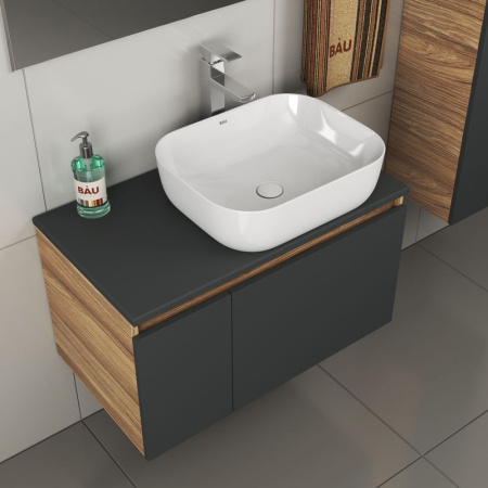 Комплект для ванной, 4 предмета (тумба Bau 80, графит + раковина BAU Stil Pro Pro 50х40 + смеситель Hotel Still, выпуск клик-клак, белый)