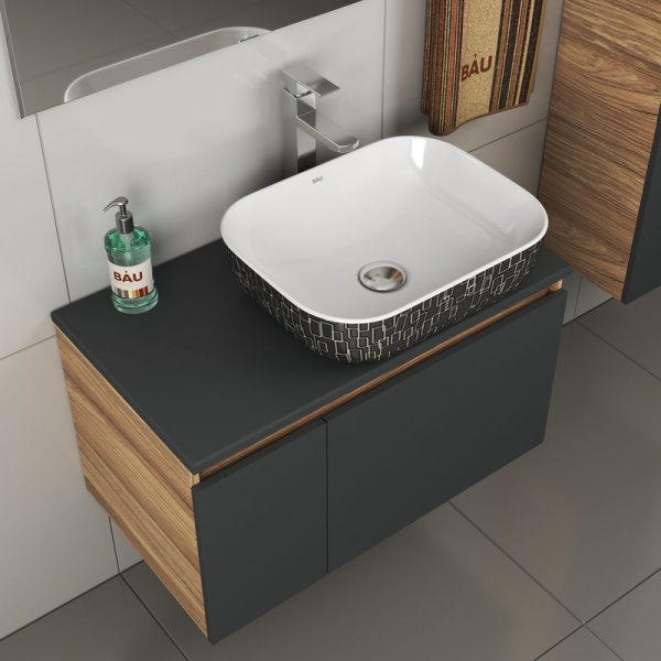 Комплект для ванной, 4 предмета (тумба Bau 80, графит + раковина BAU Stil Black White 50х40 + смеситель Hotel Still, выпуск клик-клак, хром)