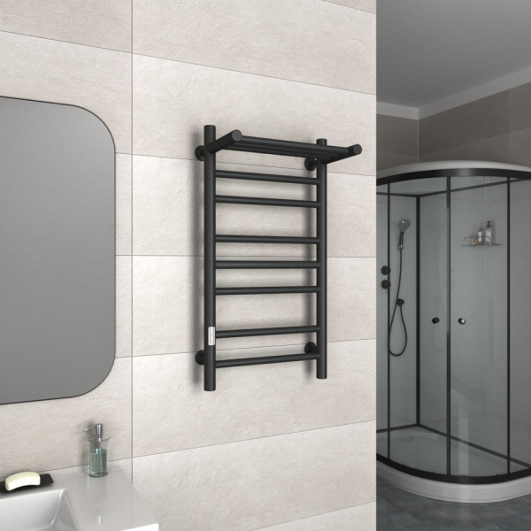 Полотенцесушитель электрический лесенка с полкой Маргроид BAU В10 40х80 П7 (2+3+2) черный матовый RAL 9005, таймер слева