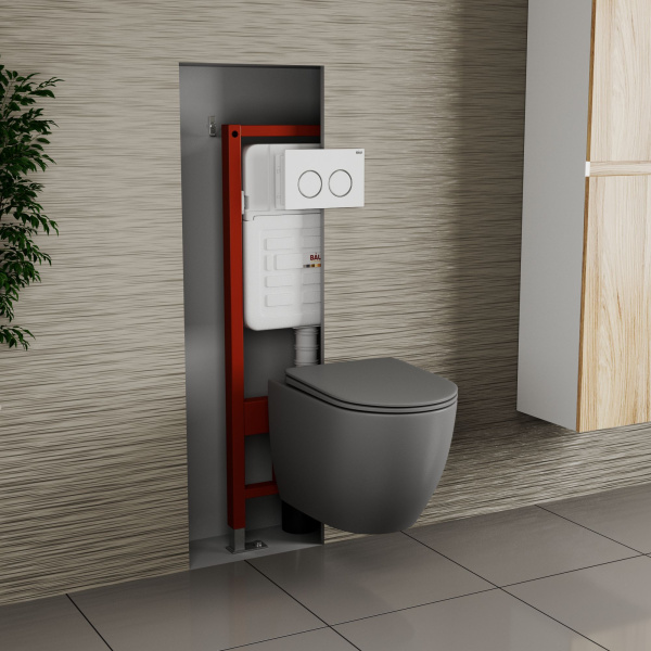 Комплект BAU 6 в 1: усиленная инсталляция BAU IDEAL, унитаз подвесной безободковый Bau Dream 49,5х36 темно-серый матовый, сиденье дюропласт микролифт, клавиша BAU Round, белый/хром