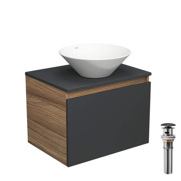 Тумба с раковиной и выпуском (тумба Bau Dream 60, графит + раковина санфаянс накладная круглая BAU Dream D43, выпуск клик-клак, черный)