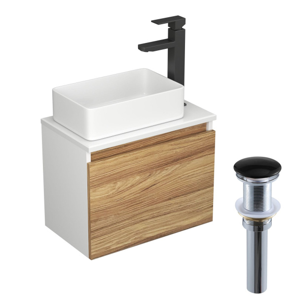 Комплект для ванной, 4 предмета (Тумба Bau Dream Blackwood 50, раковина BAU Mini 38х24, смеситель для раковины высокий Hotel Black, черный, выпуск клик клак, черный)