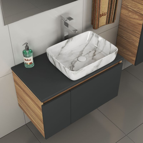 Комплект для ванной, 4 предмета (тумба Bau 80, графит + раковина BAU Hotel 48х37 + смеситель Hotel Still, выпуск клик-клак, белый)