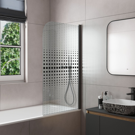 Шторка на ванну BAU Dream поворотная 140x80, прозрачное закаленное стекло 6 мм с черная мозаика, черный матовый профиль