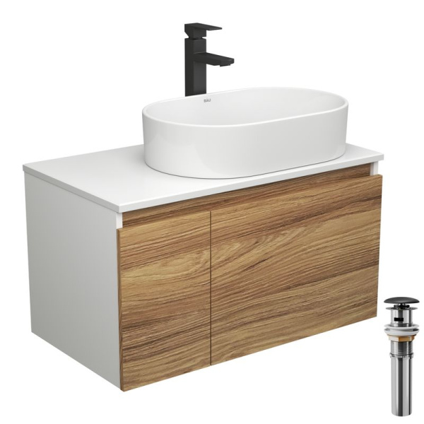 Комплект для ванной, 4 предмета (тумба Bau Dream 80 + раковина овальная BAU 56х36, белая + смеситель Hotel Black, выпуск клик-клак, черный)