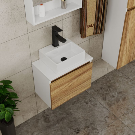 Комплект для ванной, 4 предмета (Тумба подвесная под раковину Bau 50 + раковина BAU 33х28 + смеситель Hotel Black, черный, выпуск)