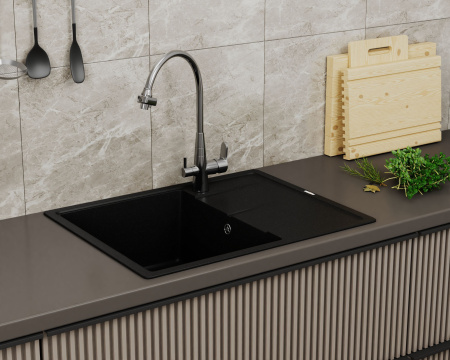 Мойка для кухни врезная кварцевая в комплекте с сифоном BAU Stil Anthracite 65х51, антрацит