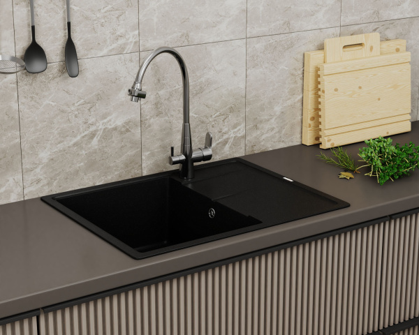 Мойка для кухни врезная кварцевая в комплекте с сифоном BAU Stil Anthracite 65х51, антрацит