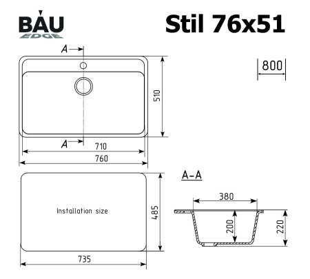 Мойка для кухни BAU Stil Gray stone 76х51, выпуск с сифоном в комплекте, серый камень
