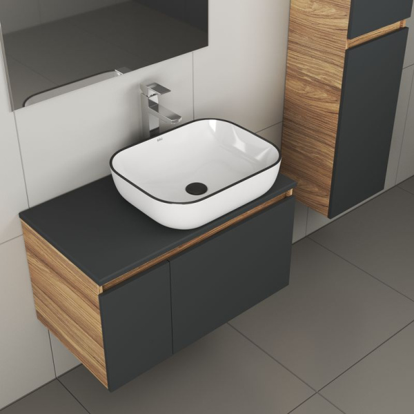 Комплект для ванной, 4 предмета (тумба Bau 80, графит + раковина BAU Stil Black Rand 50х40 + смеситель Hotel Still, выпуск клик-клак, черный)