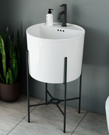 Раковина напольная с металлическими ножками и выпуском (BAU Omega белая + смеситель Dream, выпуск клик-клак белый)