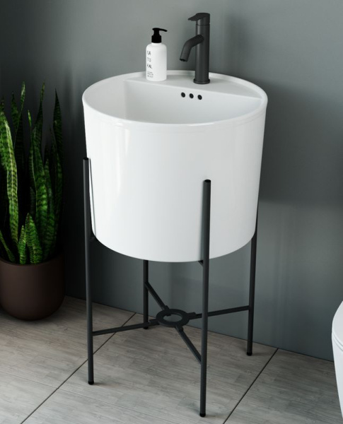 Раковина напольная с металлическими ножками BAU Omega белая + выпуск клик-клак, хром