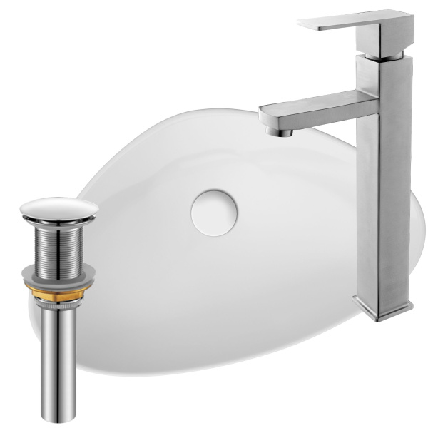 Раковина накладная со смесителем и выпуском (Умывальник BAU Triangle 59х39, белый + смеситель для раковины высокий Hotel Still, выпуск клик клак, белый)