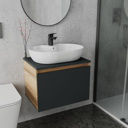 Комплект для ванной, 3 предмета (Тумба подвесная Bau Blackwood 60 графит + Раковина BAU 60х42, с отв. под см-ль, Смеситель Cerama Black, черный)