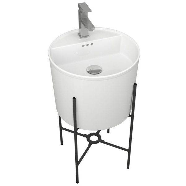 Раковина напольная с металлическими ножками и выпуском (BAU Omega белая + смеситель Hotel Still, выпуск клик-клак хром)