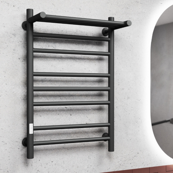 Полотенцесушитель электрический с полкой Маргроид BAU В10 50х80, П7 (2+3+2) таймер слева, черный матовый RAL 9005