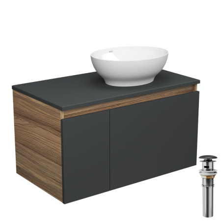 Тумба с раковиной и выпуском (тумба Bau Dream 80, графит + раковина накладная овальная BAU Nimb 41х33, выпуск клик-клак, черный)
