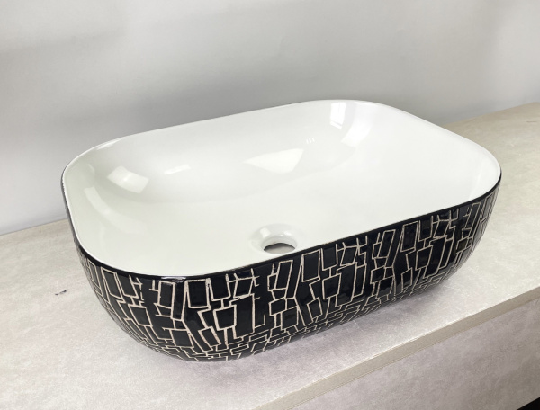 Раковина накладная со смесителем (прямоугольная BAU Stil 50х40, белая/черная с орнаментом + смеситель Hotel Still, нержавеющая сталь)