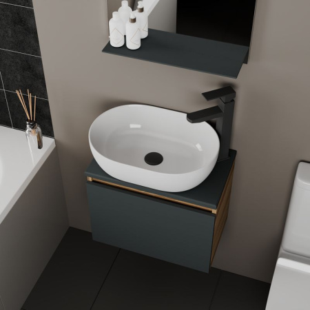 Комплект для ванной, 4 предмета (Тумба подвесная Bau Blackwood 50 графит + Раковина BAU 48х34 + Смеситель высокий Hotel Black, черный, выпуск черный)