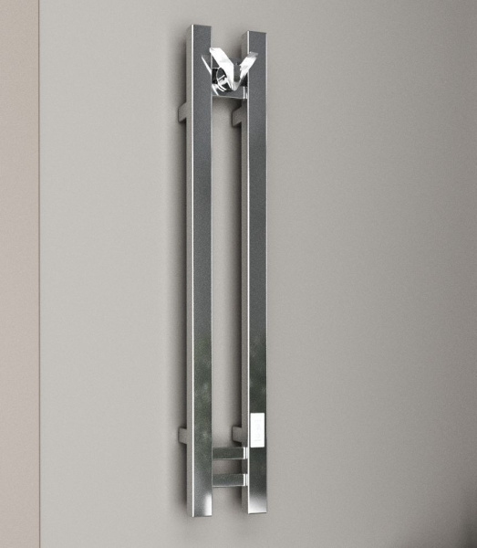 Полотенцесушитель дизайнерский электрический, профильный BAU Stella Square 10х80, 2 коллектора, 1 крючок, нерж. сталь полированная