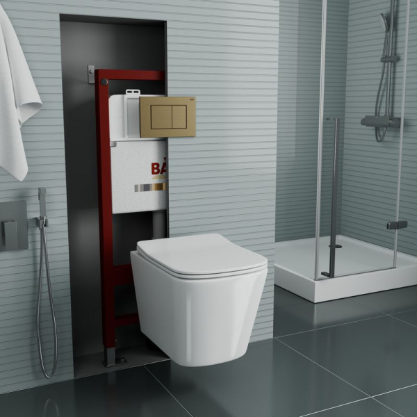 Комплект BAU 6 в 1: инсталляция BAU PRO, Унитаз подвесной безободковый Bau Stil 49x35, сиденье дюропласт микролифт, клавиша BAU Stil, бронза