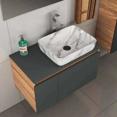 Комплект для ванной, 4 предмета (тумба Bau 80, графит + раковина BAU Hotel 48х37 + смеситель Hotel Still, выпуск клик-клак, черный)