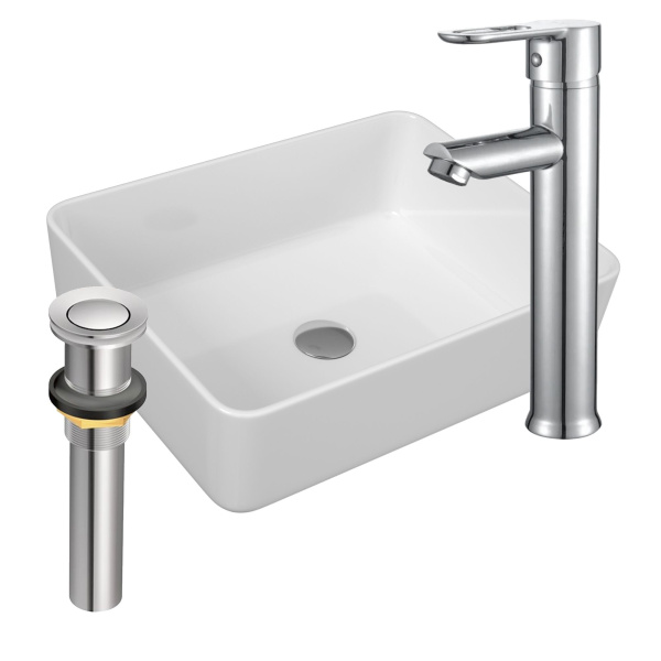 Раковина накладная со смесителем и выпуском (Умывальник BAU Hotel прямоугольный 48х37, белый + смеситель для раковины высокий Diadonna Dream, латунь, выпуск клик клак, хром)