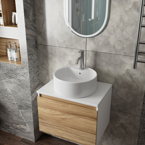 Раковина для ванной накладная круглая BAU Element D40, белая + смеситель Dream, нержавеющая сталь