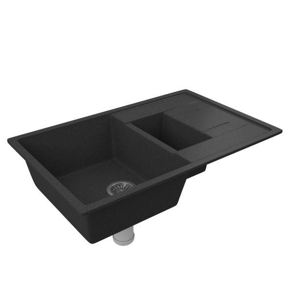 Мойка для кухни оборачиваемая полуторная чаша с крылом BAU Stil Black stone 77х50, выпуск с сифоном в комплекте, черный камень