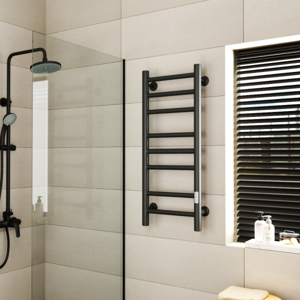 Полотенцесушитель электрический лесенка Маргроид BAU В10 30х80, П8 (3+3+2) с таймером справа, черный матовый RAL 9005