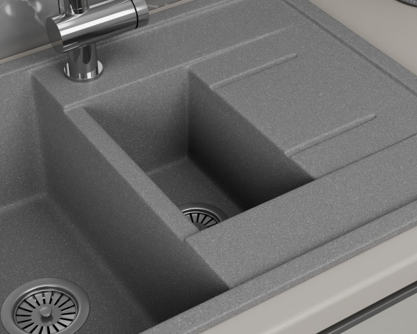 Мойка для кухни оборачиваемая, полуторная чаша с крылом BAU Stil Gray stone 77х50, выпуск с сифоном в комплекте, серый камень
