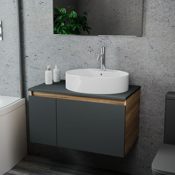 Комплект для ванной, 3 предмета (Тумба подвесная Bau Blackwood 80 графит + Раковина BAU 51х41, с отв. под см-ль, Смеситель Dream, нерж. сталь)