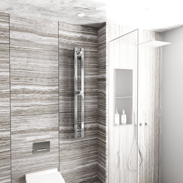 Полотенцесушитель дизайнерский электрический, профильный BAU Stella Square 10х120, 2 коллектора, 2 крючка, нерж. сталь полированная