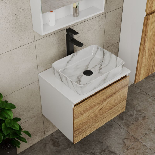 Комплект для ванной, 4 предмета (тумба Bau Dream 60 + раковина BAU 48х37, мрамор + смеситель Hotel Black, выпуск клик-клак, черный)