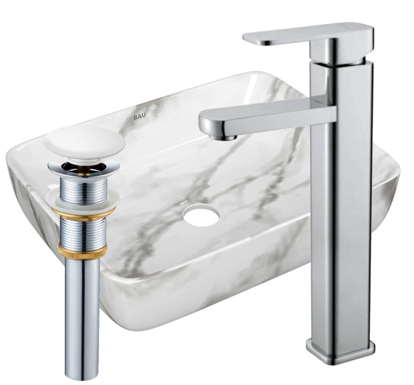 Раковина накладная со смесителем и выпуском (прямоугольная BAU Hotel 48х37, мрамор + смеситель Hotel Still, нер. сталь, выпуск клик-клак белый)