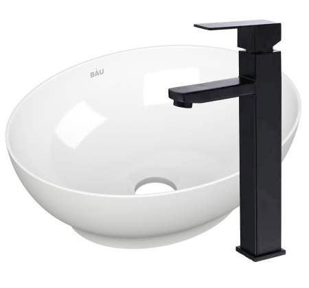 Раковина накладная со смесителем (овальная BAU Nimb 41х33, белая + смеситель высокий Hotel Black, черный)