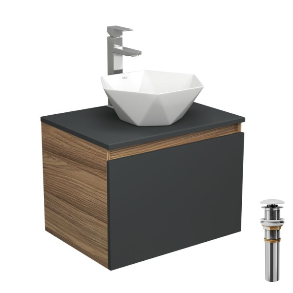 Комплект для ванной, 4 предмета (тумба Bau 60, графит + раковина на столешницу BAU Crystal 40х40 + смеситель Hotel Still, выпуск клик-клак, белый)