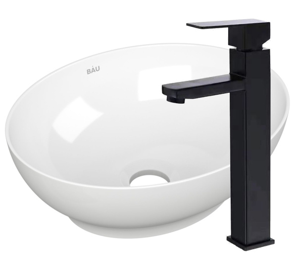Раковина накладная со смесителем (овальная BAU Nimb 41х33, белая + смеситель высокий Hotel Black, черный)