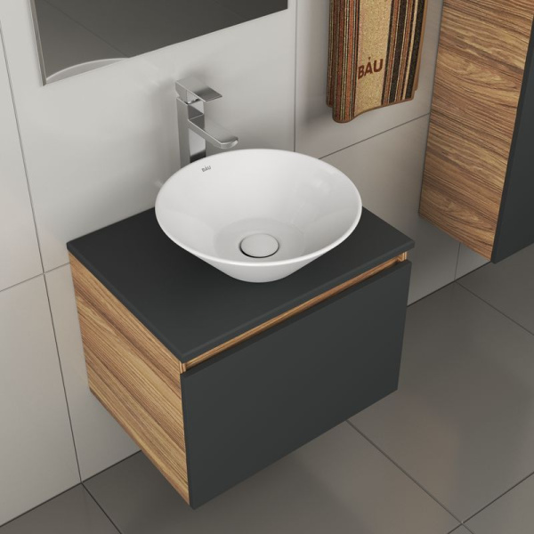 Комплект для ванной, 4 предмета (тумба Bau 60, графит + раковина BAU Dream D43 + смеситель Hotel Still, выпуск клик-клак, белый)