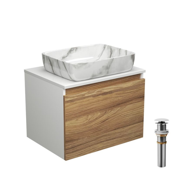 Тумба с раковиной и выпуском (тумба подвесная Bau Dream 60 + раковина BAU Hotel 48х37, мрамор, выпуск клик-клак, белый)