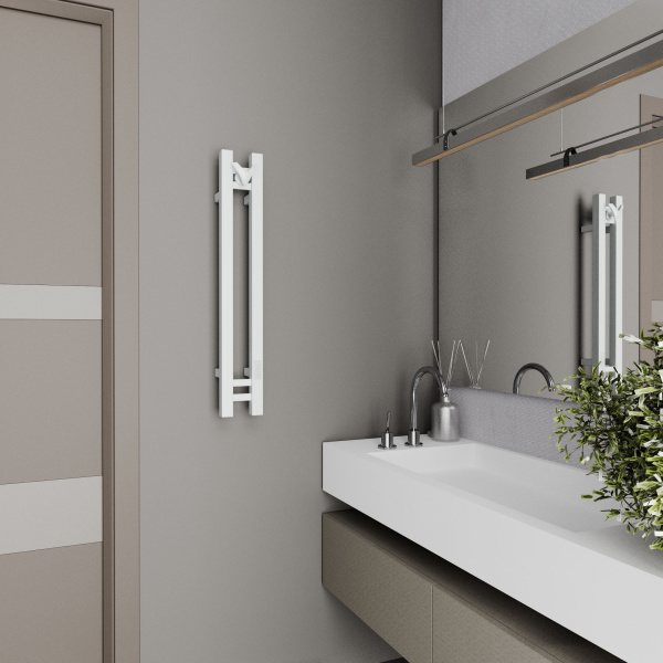 Полотенцесушитель дизайнерский электрический, профильный BAU Stella Square 10х80, 2 коллектора, 1 крючок, белый полуматовый