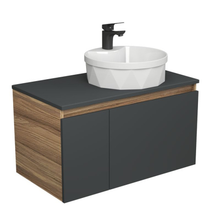 Комплект для ванной, 3 предмета (Тумба подвесная Bau Blackwood 80 графит + Раковина BAU D40, с отв. под см-ль, Смеситель Cerama Black, черный)