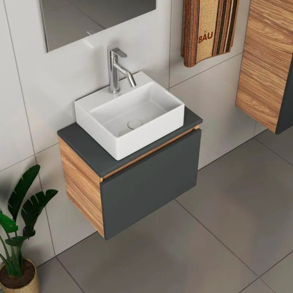 Комплект для ванной, 4 предмета (Тумба подвесная под раковину Bau 50, графит + раковина BAU 33х28 + смеситель Dream, нержавеющая сталь, выпуск)